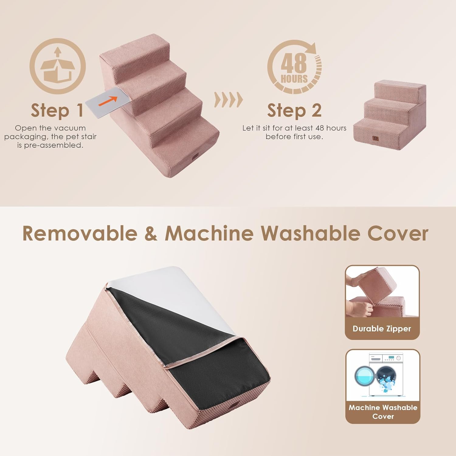 EHEYCIGA Dog Stairs for Small Dogs 13.5" H, 3-Step Dog Steps for Couch Sofa and Chair, Pet Steps for Medium Cats, Non-Slip Balanced Pet Ramp Indoor, Pink - Pet Explorer