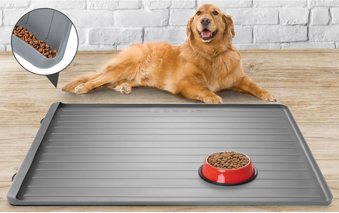 Dog Mat for Food and Water - 39.4" x 27" Large Pet Feeding Mats with Residue Collection Pocket - Waterproof Dog Cat Bowl Mat with High Edges to Prevent Water and Food Spills (Light Grey) - Pet Explorer