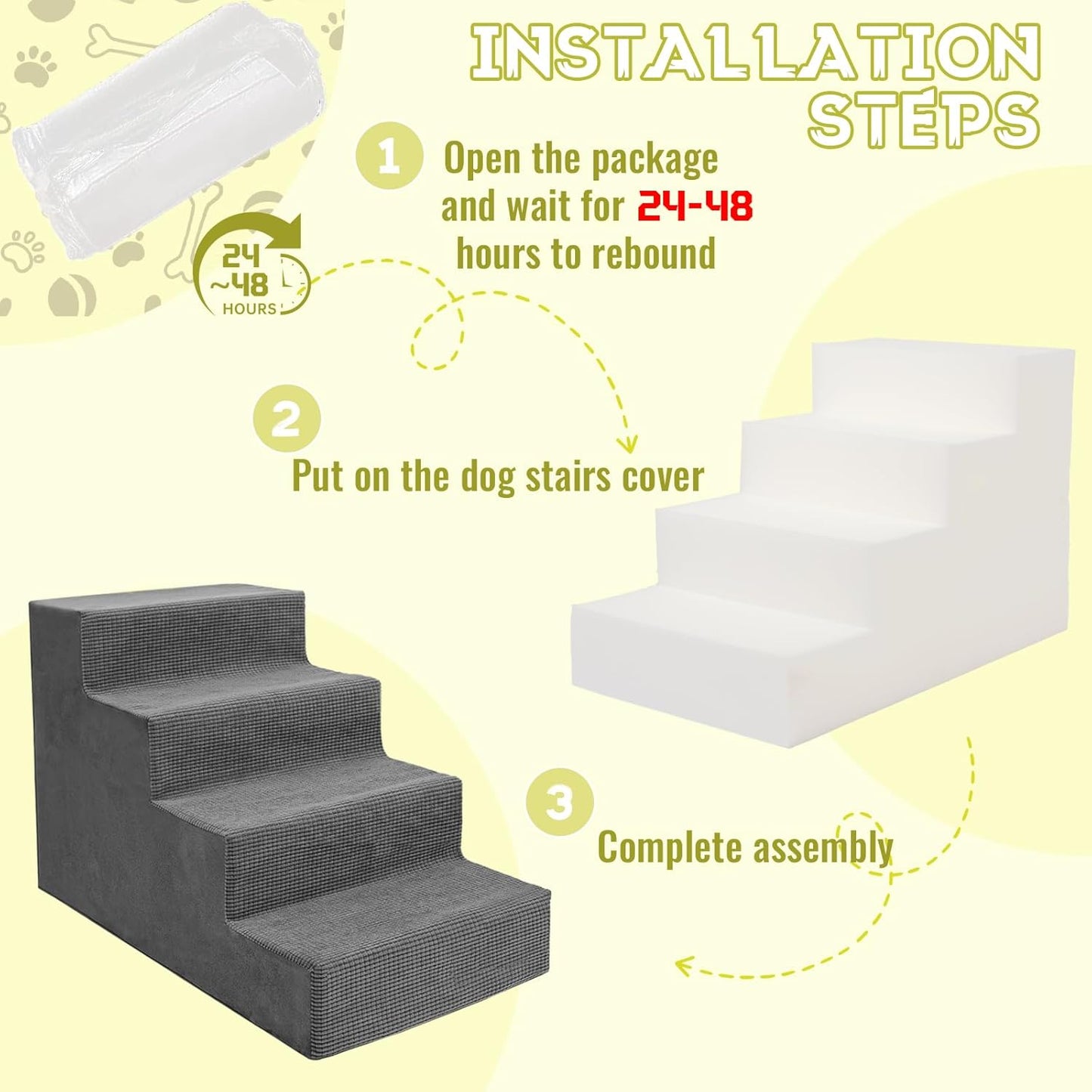 Niubya Dog Stairs for Small Dogs and Cats,18'H Non-Slip Bottom Pet Steps for High Beds and Couch,High-Density Foam Pet Stairs Grey,4 Steps - Pet Explorer