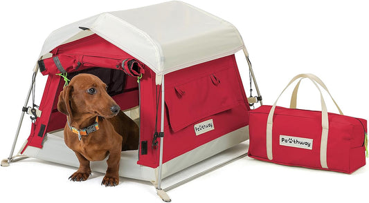 Dog Tent Cotton Fabric, Aluminum Poles and Camping Mat, Outdoor Weatherproof, Dog House Outdoor, Breathable with 2 Side Windows, Portable and Collapsible (Red, Small) - Pet Explorer