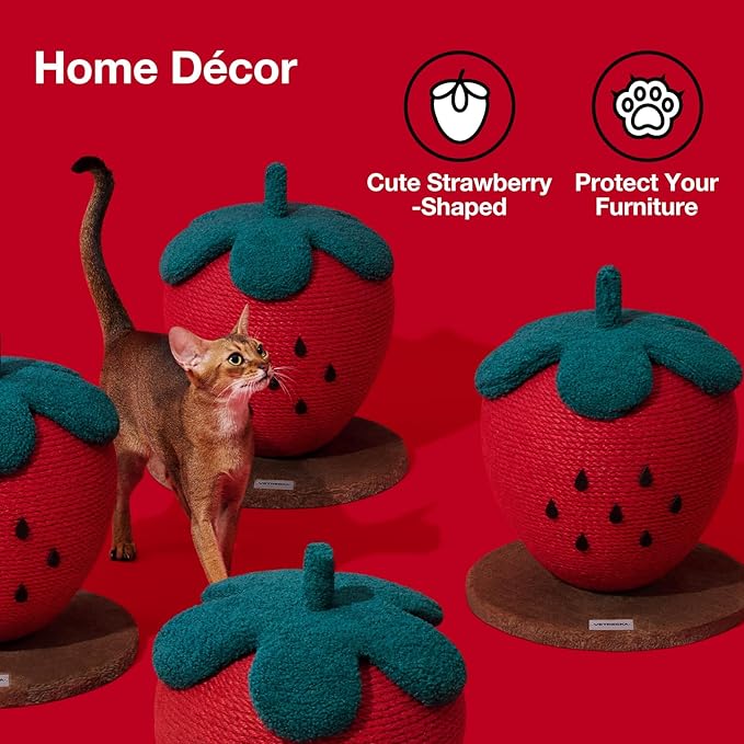 VETRESKA Strawberry Cat Scratching Post, Cute Cat Scratcher with Jute Rope, Vertical Cat Scratch Post for Indoor Cat and Kitten, Ring Paper Strawberry Leaves Attract Cats