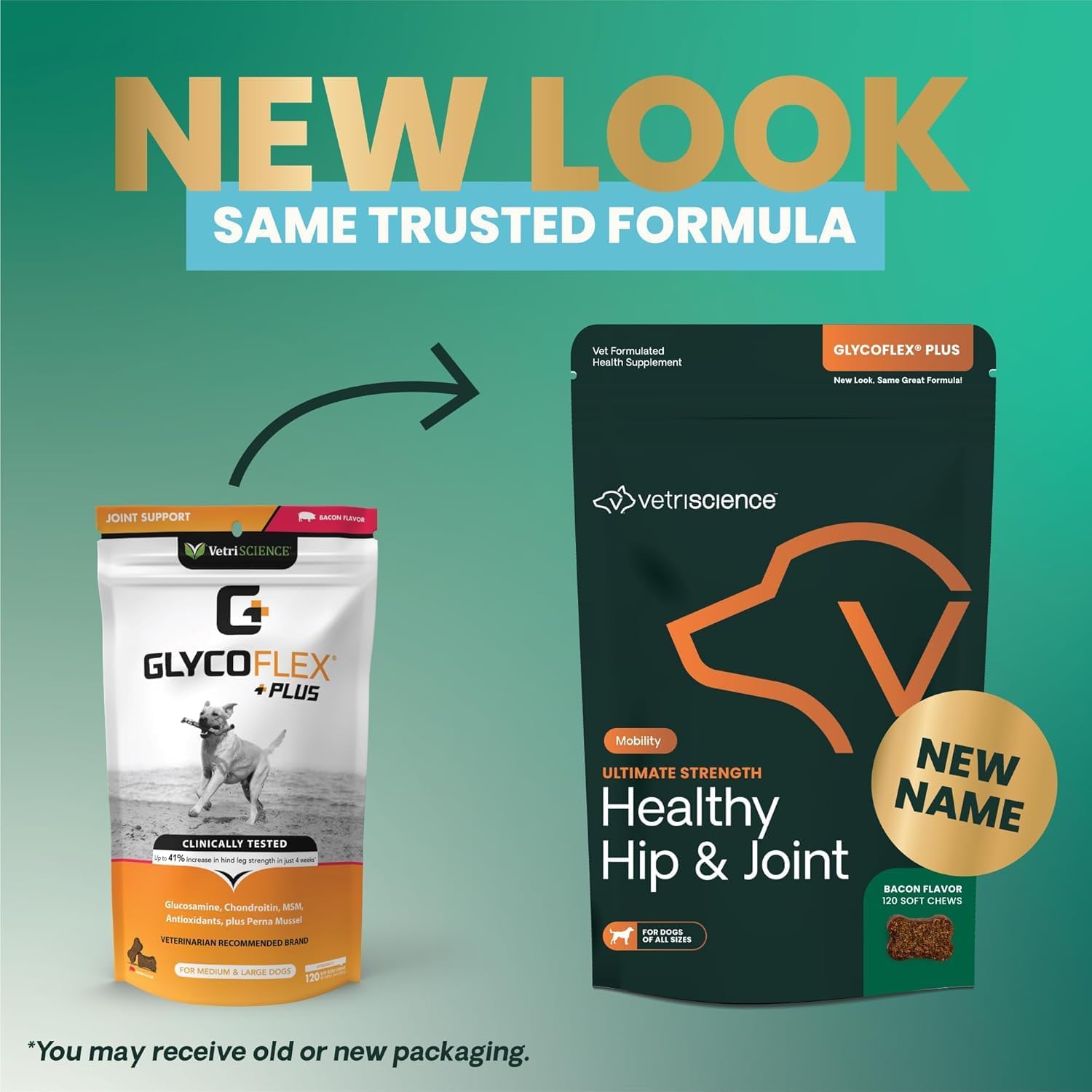 VetriScience GlycoFlex Ultimate Strength Healthy Hip & Joint Glucosamine Supplements for Dogs, with MSM, Chondroitin & Green-Lipped Mussel, Soft Chews, Bacon, 120 Count - New Look - Pet Explorer