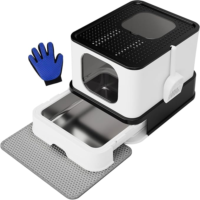 RIZZARI Stainless Steel Cat Box: Large Leak-Proof Enclosed Odor-Free Design with High Walls - XXL Black - Teflon Non-Stick Coating & Easy-Clean Drawer - for Living Room Garage
