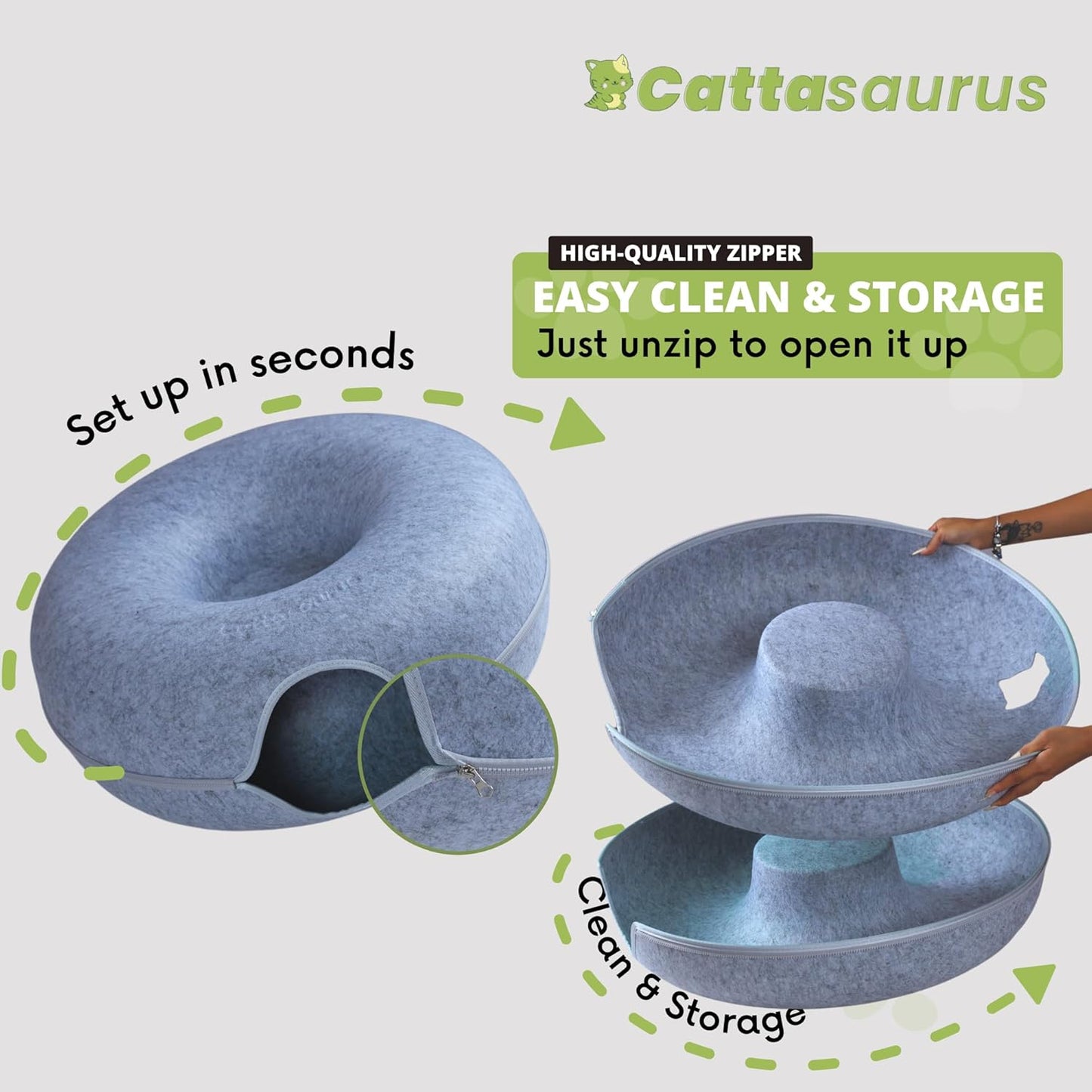Cattasaurus Peekaboo Cat Cave, Extra Spacious for Multiple & Large Cats 12+ lbs, Scratch Detachable Beds for Indoor Cats, Washable Tunnel Bed, Comfy Cat Donut Tunnel (Light Gray+Light Gray, Jumbo) - Pet Explorer