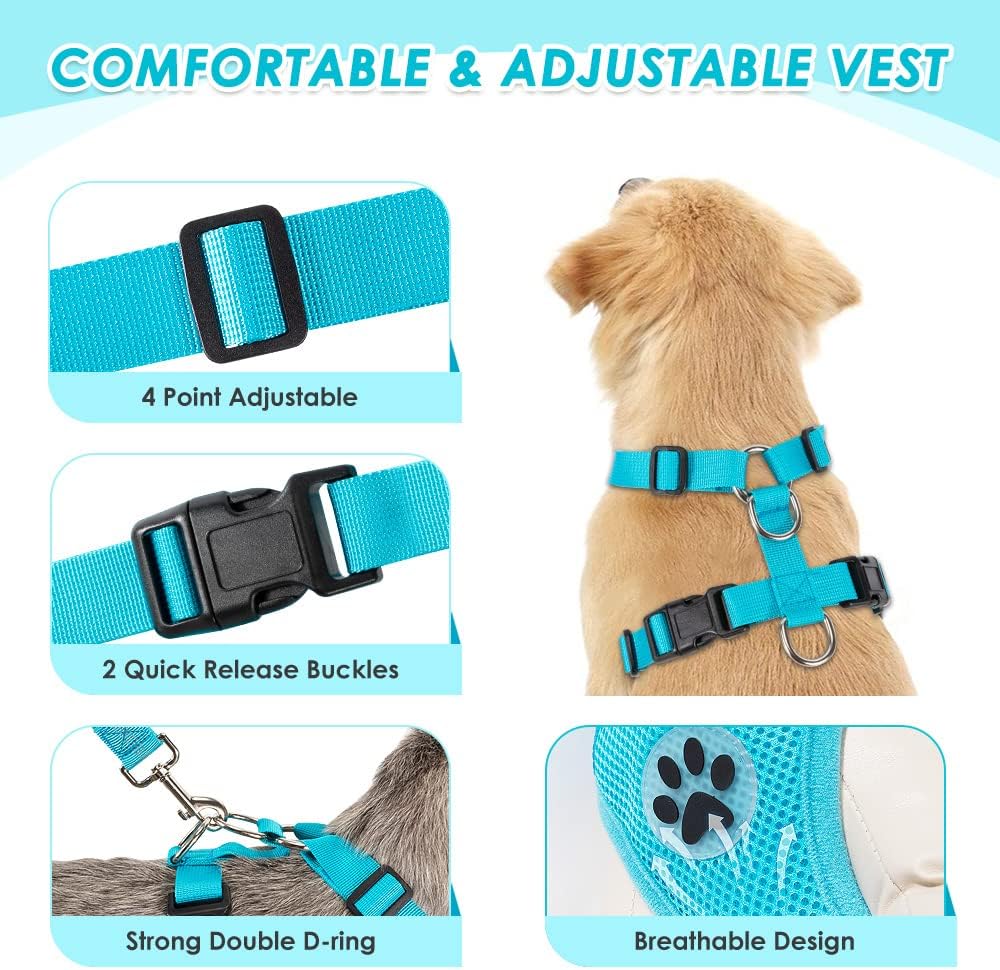 SlowTon Dog Seat Belt Harness for Car, Dog Car Harness Adjustable Mesh Breathable & Dog Seatbelt Safety Tether with Elastic Bungee for Small Medium Large Pets(Light Blue, Double Clip, S) - Pet Explorer