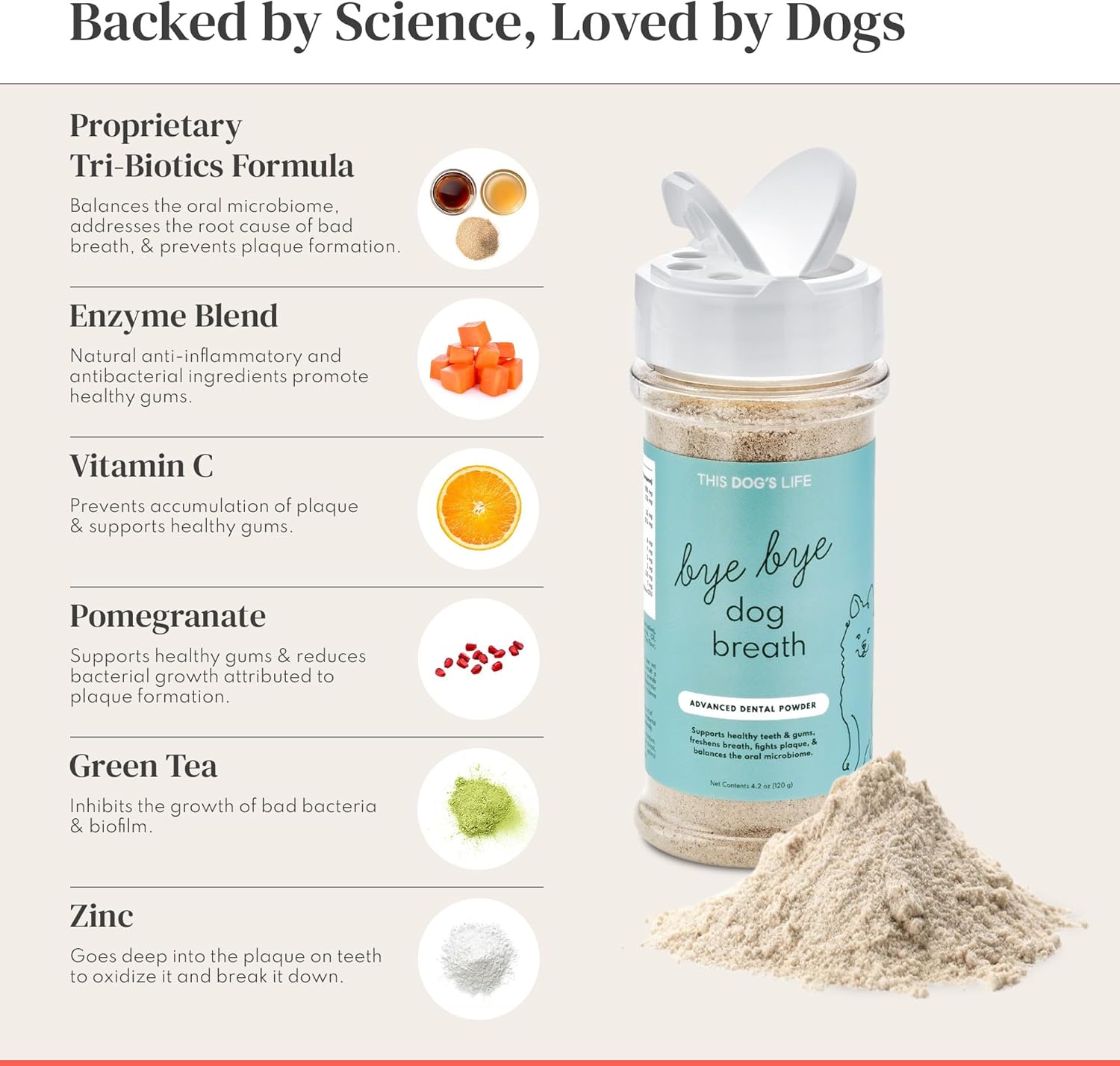 Dog Dental Powder – Vet Formulated - Cleans Teeth, Freshens Breath, Fights Plaque and Tartar – Natural Ingredients - 19 Active Ingredients - Oral Dog Probiotic - No Brushing - Made in USA - Pet Explorer