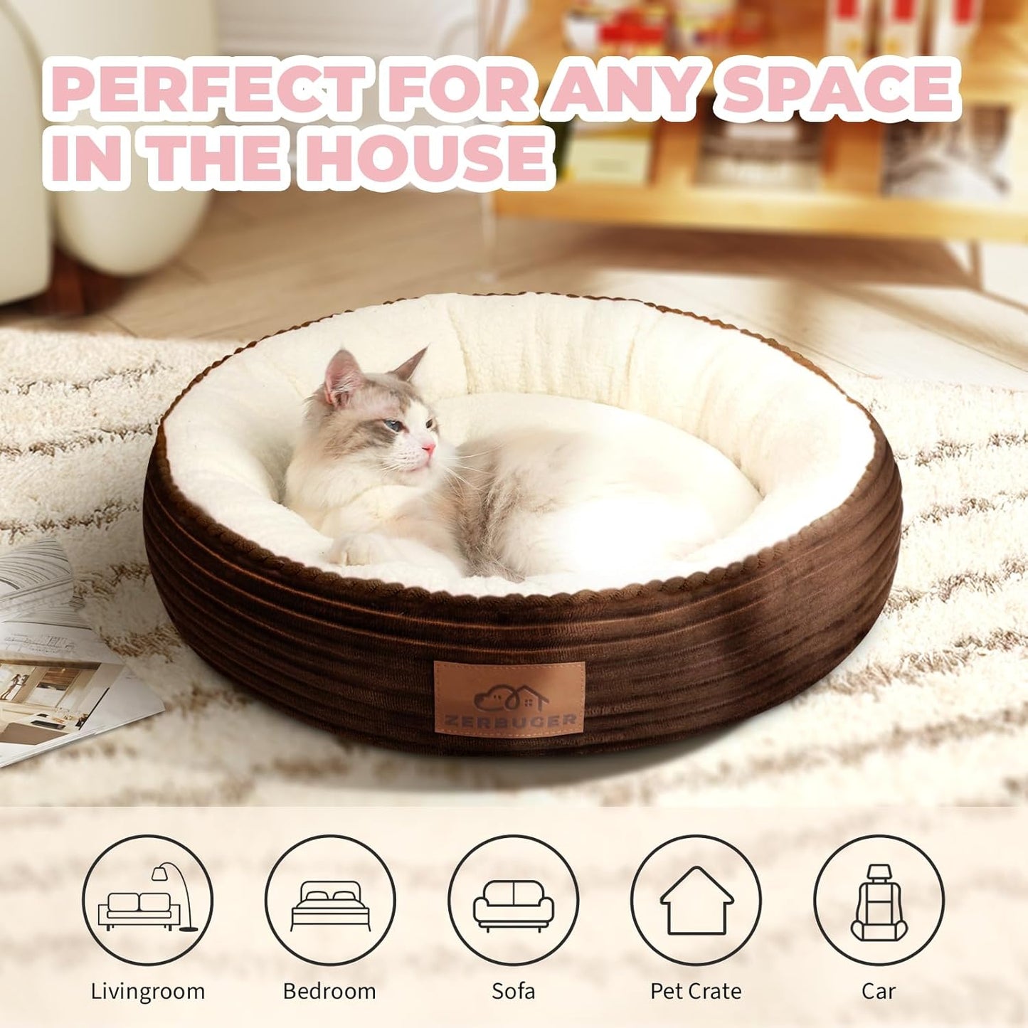 23in Round Cat Dog Bed for Large Medium Small Dogs Cats, Machine Washable Sleeping Sofa, Non-Slip Bottom Breathable Soft Calming Pet Cuddler for Indoor/Outdoor/Car/Cage, Brown - Pet Explorer