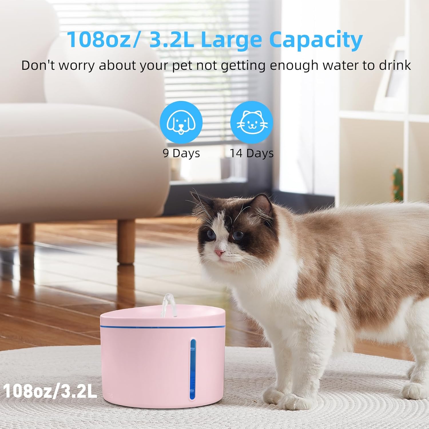 DOGNESS D06 Cat Water Fountain with Filter, Keep Water Fresh Automatic 3.2L Large Capacity Ultra Silent Removable Fresh Cat Water Dispenser for Dogs, Cats, Birds (3.2L Pink) - Pet Explorer