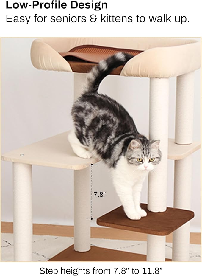 Cat Tree for Large Cats, Modern Senior Friendly Cat Tower with Wide Shelves, Cotton Scratching Posts, Super Sturdy Base, Cozy Perches, and Interactive Toys for Indoor Kittens, 37.4'' Cream.