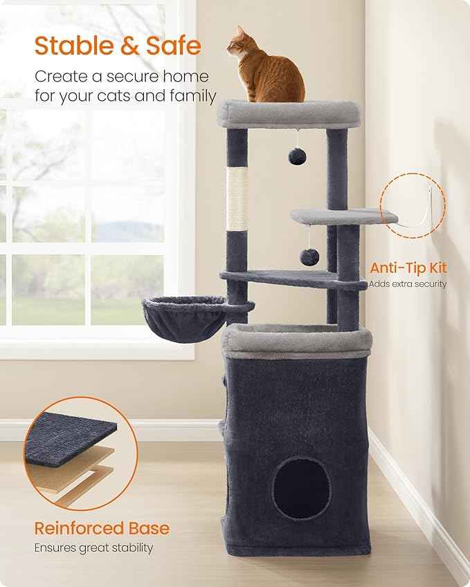 Feandrea Cat Tree, 60-Inch Cat Tower, Multiple-Level Plush Condo with 2 Caves, 3 Scratching Posts, 3 Perches, Dark Gray UPCT007G02