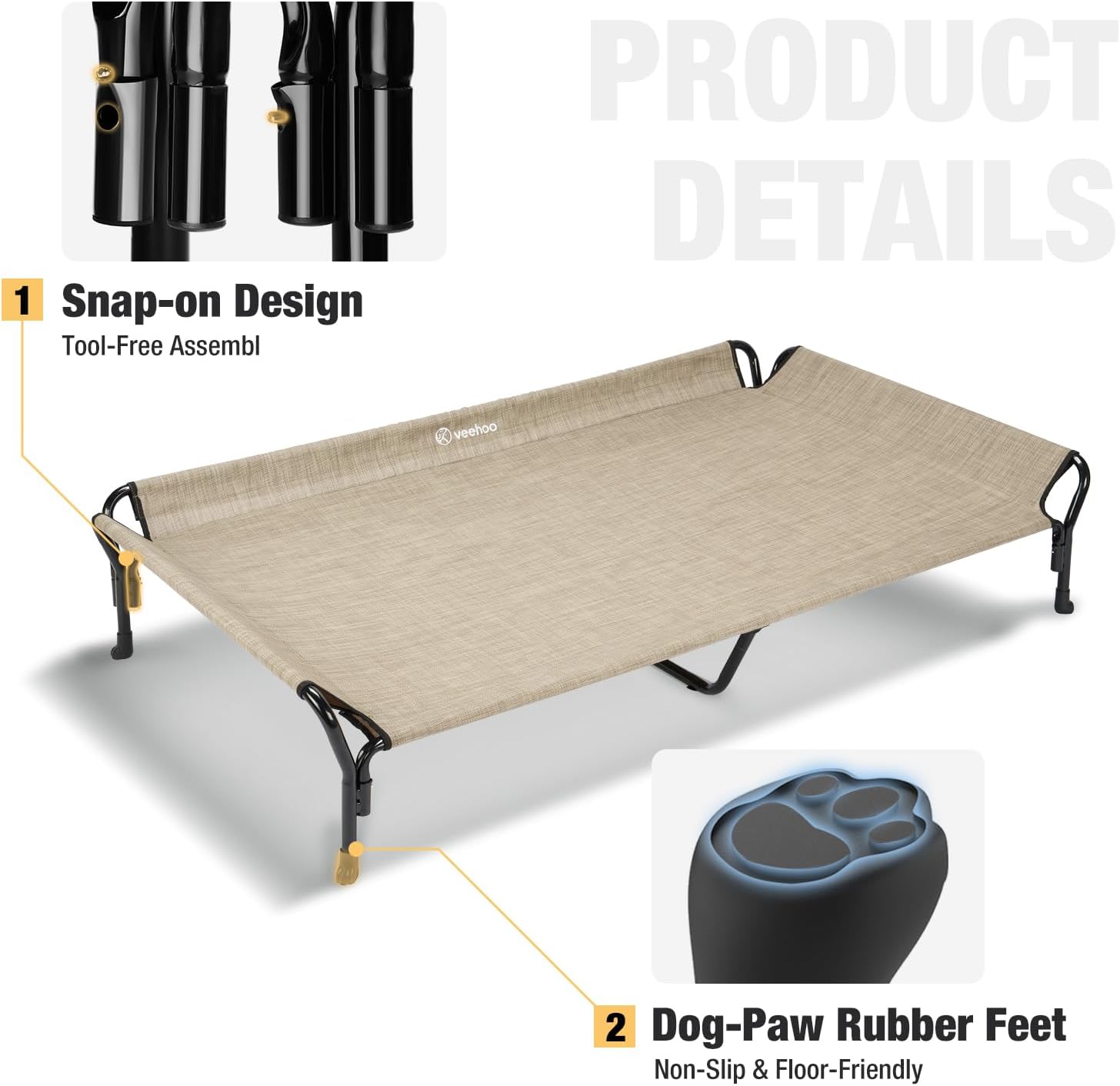 Veehoo Cooling Elevated Dog Bed, XL Raised Pet Cot with Guardrail & Slope Headrest, Durable Breathable Teslin Mesh, Non-Slip Feet, Washable Dog Couch Bed for Indoor & Outdoor, 50.5" x 33.5", Beige - Pet Explorer