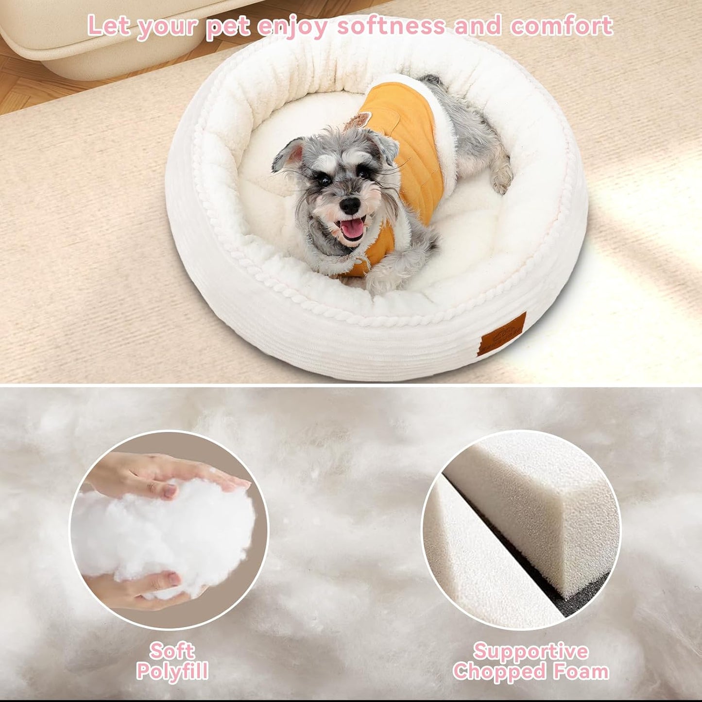 30in Round Dog Bed Sofa for Small/Medium/Large Dogs, Machine Washable Supportive Foam Pet Couch with Washable Removable Mat and Non-Slip Bottom, Pet Cuddler for Indoor/Outdoor/Car/Cage, Cream - Pet Explorer