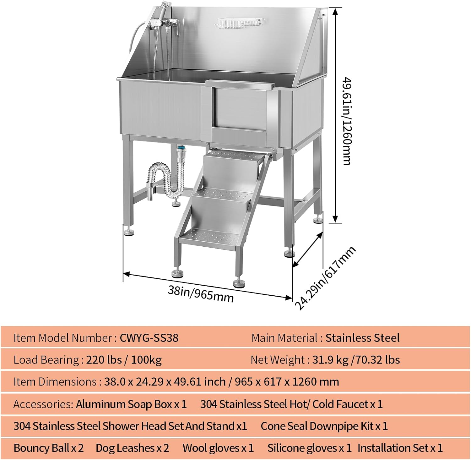 38 Inch Dog Bathing Station for Large Dogs, Stainless Steel Dog Pet Washing Station, Professional Dog Grooming Tub, Pet Wash Bath Station,Right Door - Pet Explorer