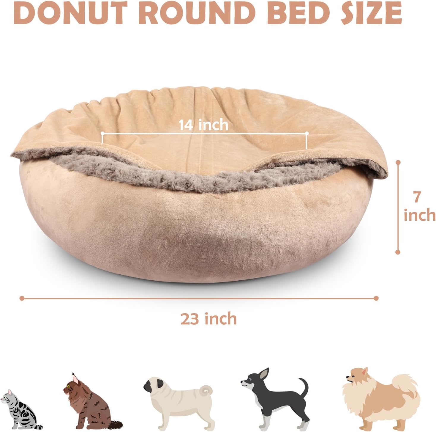 JOEJOY Small Dog Cat Bed With Hooded Blanket, Cozy Cuddler Luxury Puppy Pet Donut Round Calming Anti-Anxiety Burrow Cave - Anti-Slip Bottom, Machine Washable, 23 Inch - Pet Explorer