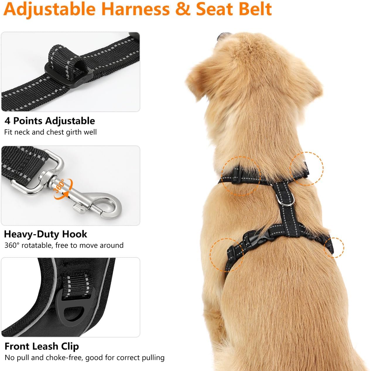 Dog Seat Belt Harness for Car, Dog Car Harness Adjustable Mesh Breathable & Dogs Seatbelt Safety Tether with Elastic Bungee for Small Medium Large Pets(Carbon Black, L) - Pet Explorer