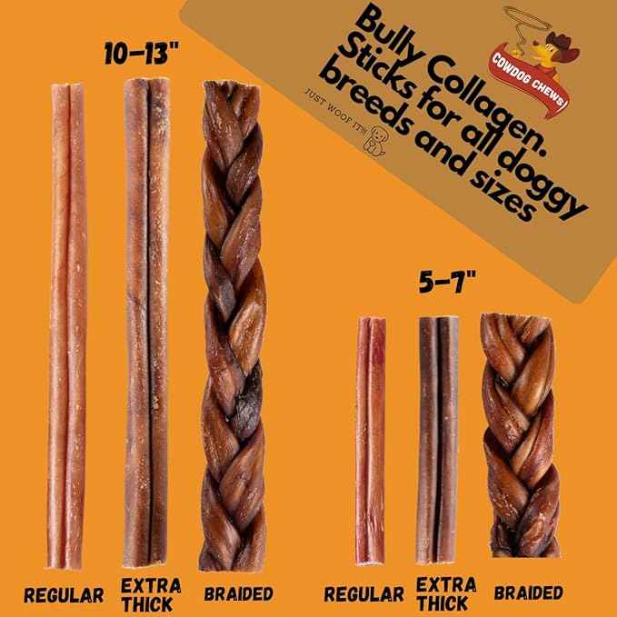 Cowdog Chews Beef Bully Stick: Odor-Free, Fully Digestible Beef Collagen Chews (9-12", 10 Count) - Natural, Grain-Free, Long-Lasting Collagen Bully Stick Substitute for All Dog Breeds