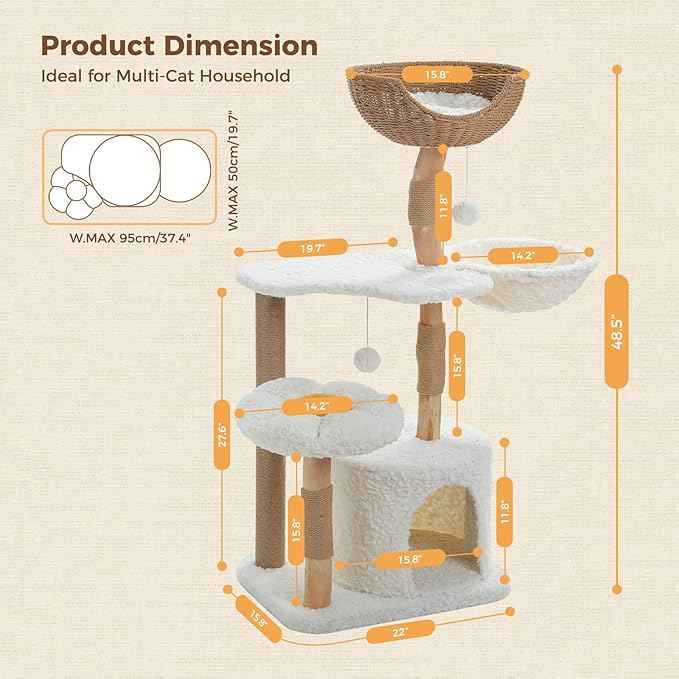 PEQULTI 48.5'' Modern Cat Tree for Large Indoor Cats Solid Wood Cat Tower with Luxury Cat Condo, Cozy Hammock, Scratching Post, Rattan Perch and Flower Cat Bed, White