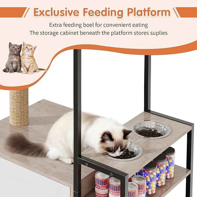 HavenlyYouth Cat Tree with Food Station and Litter Box Enclosure, Multi-Level Cat Tree Tower with Sisal Scratch Posts for Playtime, Plush Hammock in Gray for Cozy