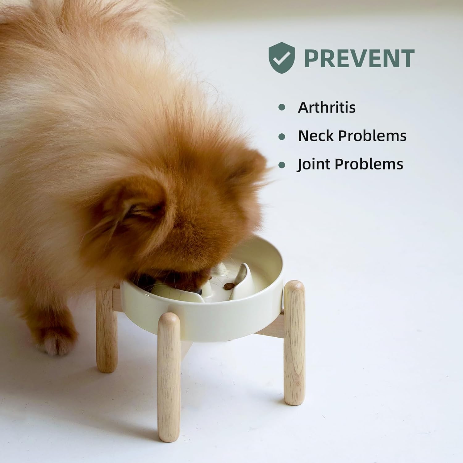 6.1inch Ceramic Raised Dog Slow Feeder Set, Elevated Bowl with Wooden Stand for Small Dog and Cat, Puzzle Slow Dog Food Dish, Anti-Gulping(Beige, Single Bowl+ Stand) - Pet Explorer