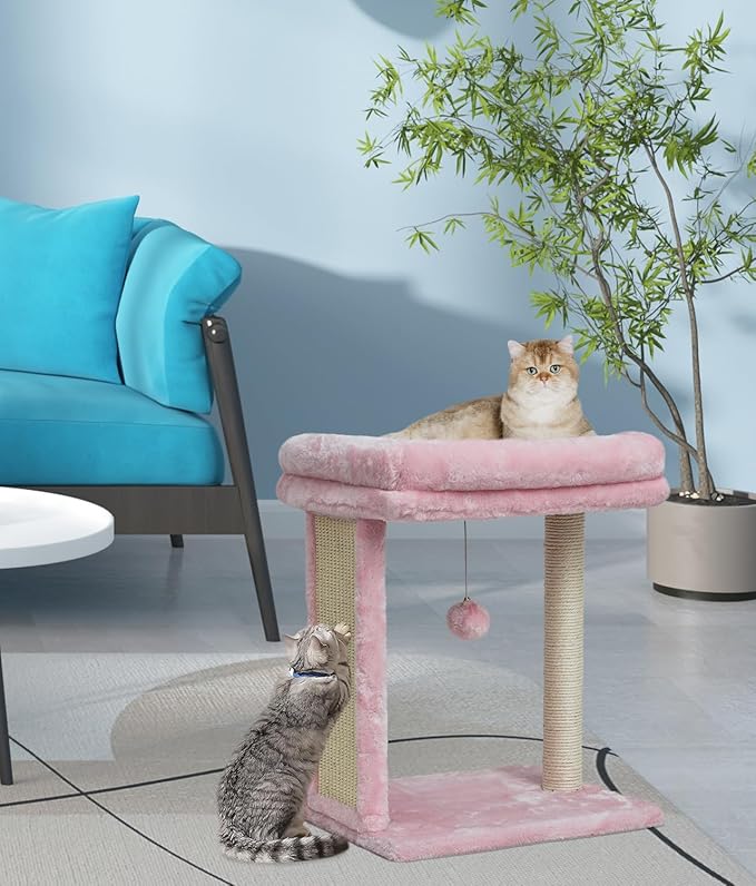 SYANDLVY Small Cat Tree for Indoor Cats, Scratching Board with Perch & Scratching Post, Kittens Scratcher with 2 Dangling Balls, Pink