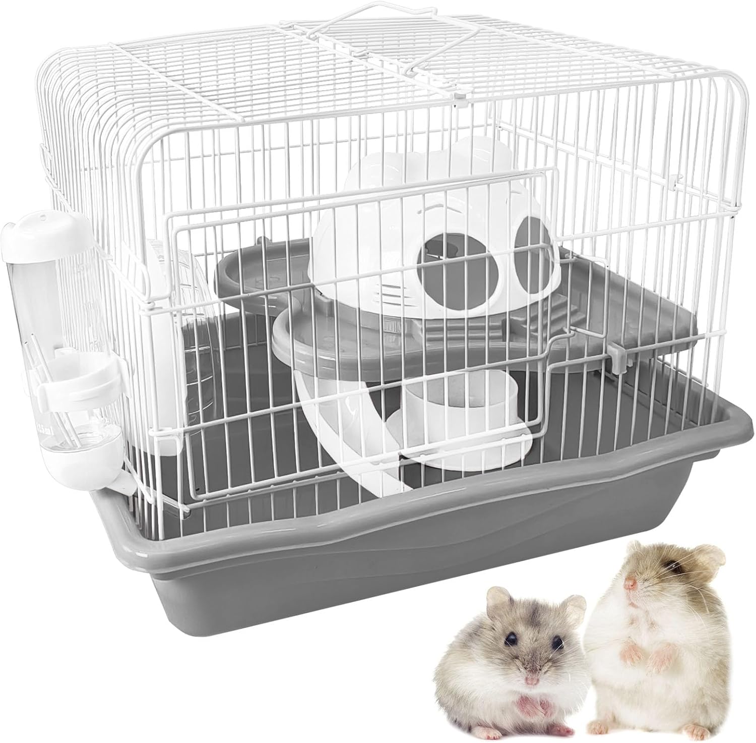 PINVNBY Dwarf Hamster Cage, Small Animal Cages, 2-Tier Travel Portable Mouse Cage Hamster Carrier with Castle House Running Exercise Wheels, Water Bottle and Food Dis（Gray） - Pet Explorer