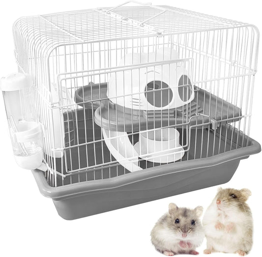 PINVNBY Dwarf Hamster Cage, Small Animal Cages, 2-Tier Travel Portable Mouse Cage Hamster Carrier with Castle House Running Exercise Wheels, Water Bottle and Food Dis（Gray） - Pet Explorer