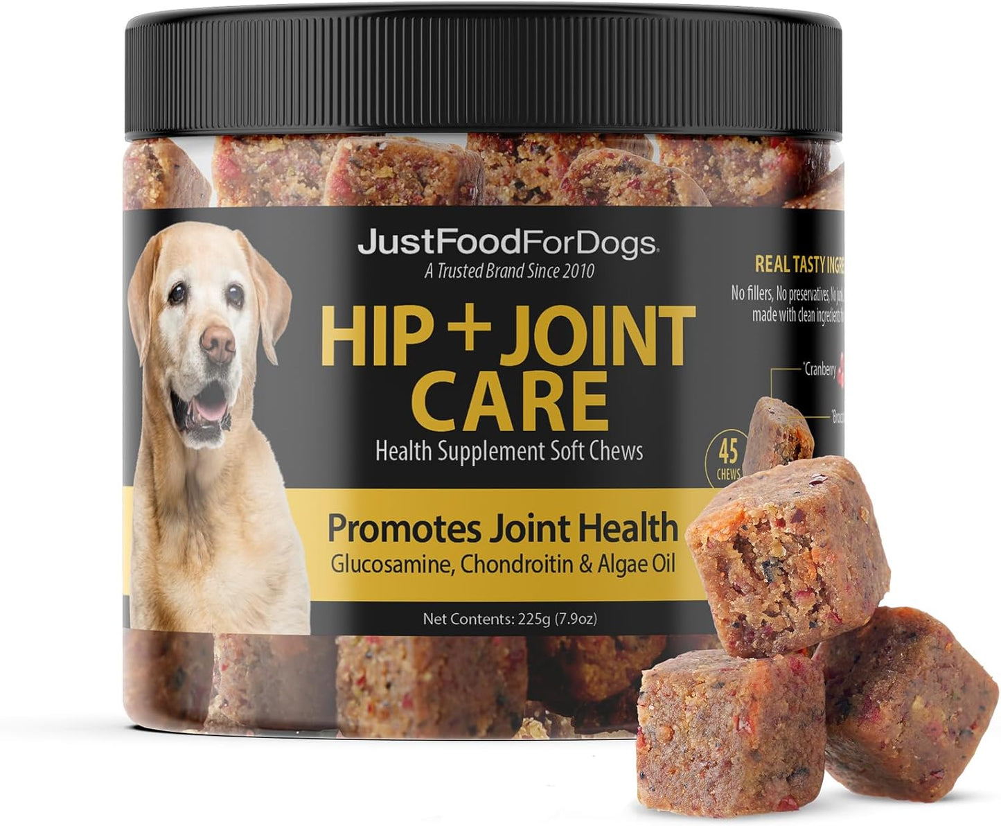 JustFoodForDogs Hip + Joint Soft Chews Mobility Supplement for Dogs with Glucosamine and Chondroitin, Superfood Blend, Human Grade, Plant-Based - 45 Count - Pet Explorer