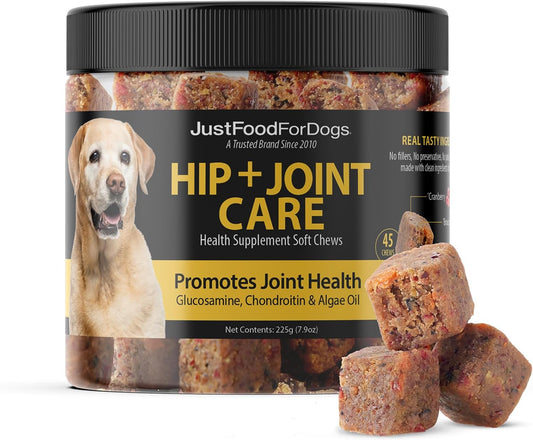 JustFoodForDogs Hip + Joint Soft Chews Mobility Supplement for Dogs with Glucosamine and Chondroitin, Superfood Blend, Human Grade, Plant-Based - 45 Count - Pet Explorer
