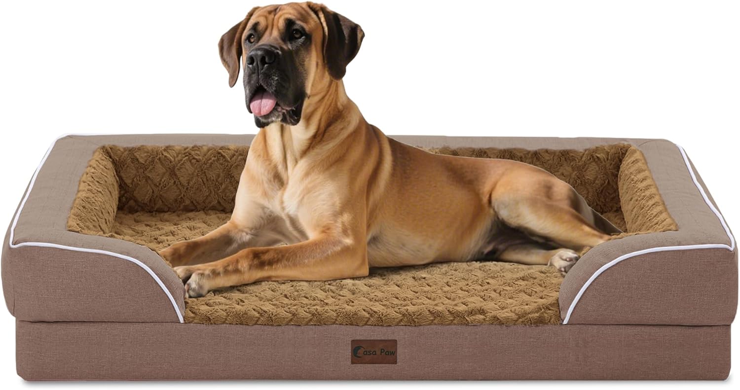 Orthopedic XXL Dog Bed for Extra Large Dogs, Waterproof Memory Foam Dogs Beds with Sides, Egg-Crate Foam and Non-Slip Bottom Big Dog Couch Bed with Washable Removable Cover(XX-Large,Brown) - Pet Explorer