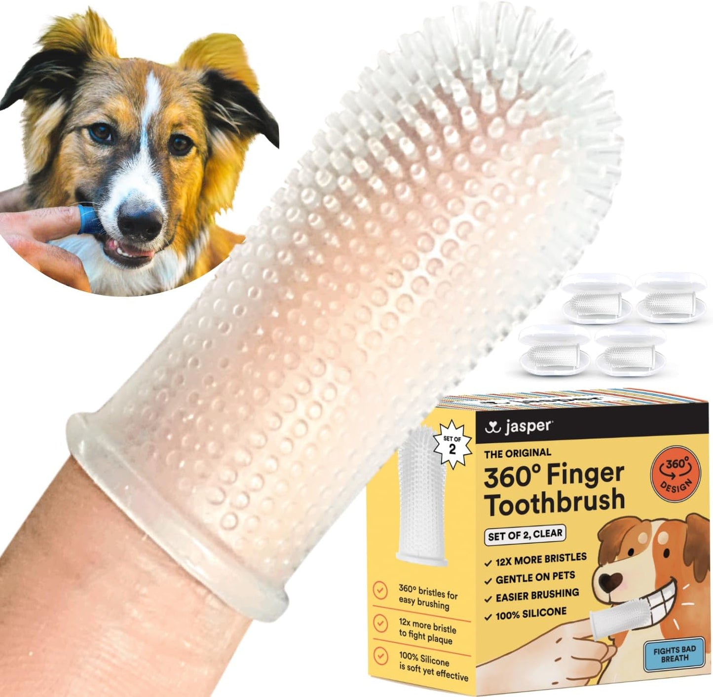 Jasper Dog Toothbrush, 360 Dog Tooth Brushing Kit, Finger Toothbrush, Cat Tooth Brush, Teeth Cleaning, Pet Tooth Brush for Small & Large Pets, Pet Toothpaste Not Included, 4-Pack Clear - Pet Explorer