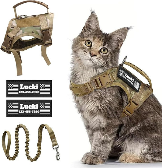 Tactical Cat Harness, Escape Proof Cat Harness with Customizable Patches, Adjustable Military Style Design, Optional Leash (Camo)