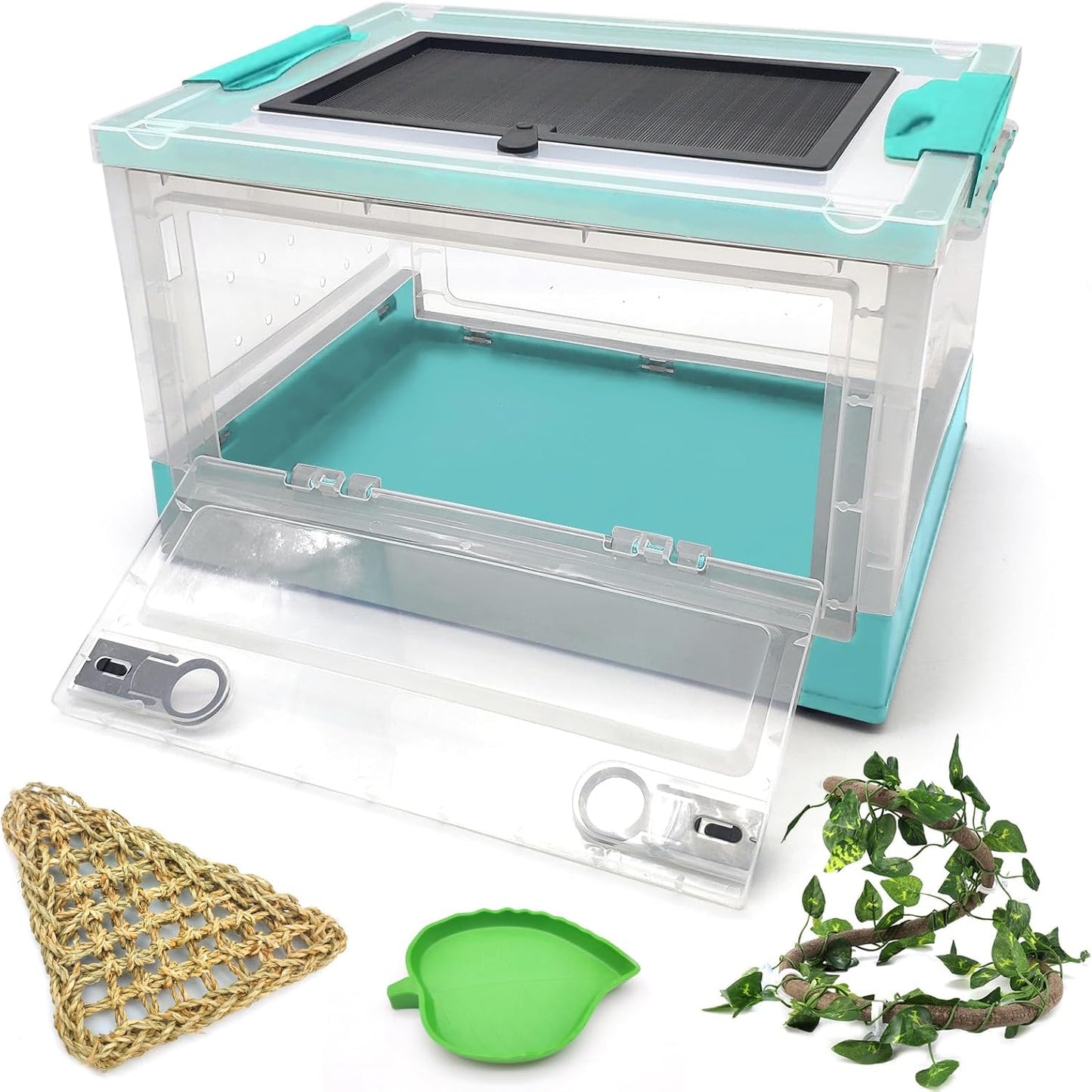 Hamiledyi Collapsible Gecko Tank Starter Kits, Reptile Travel Carrier 15.6" x 11.6" x 9.4" Small Portable Habitat Cages for Leopard Gecko, Bearded Dragon, Snake, Tortoise（Blue） - Pet Explorer