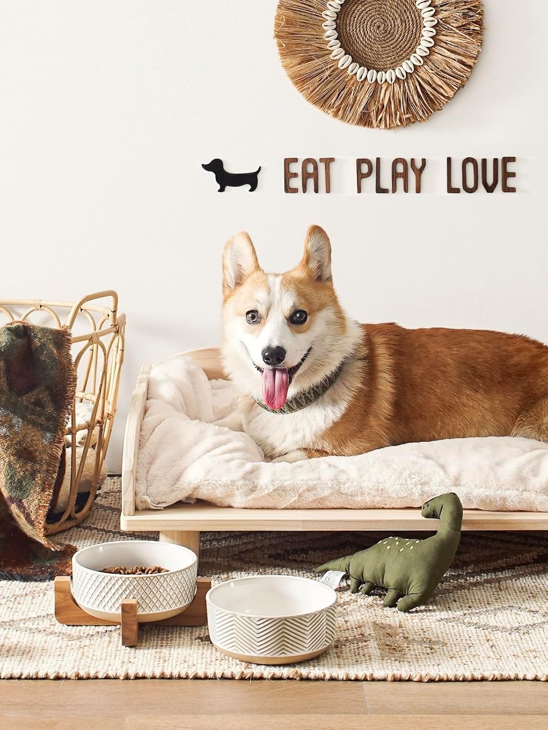 Ceramic Dog Bowl Set, 4 Cups Food and Water Bowl for Medium Small Dogs, Cute Pet Dishes with Wood Stand, Rhombus+Wave Design (Set of 2) - Pet Explorer