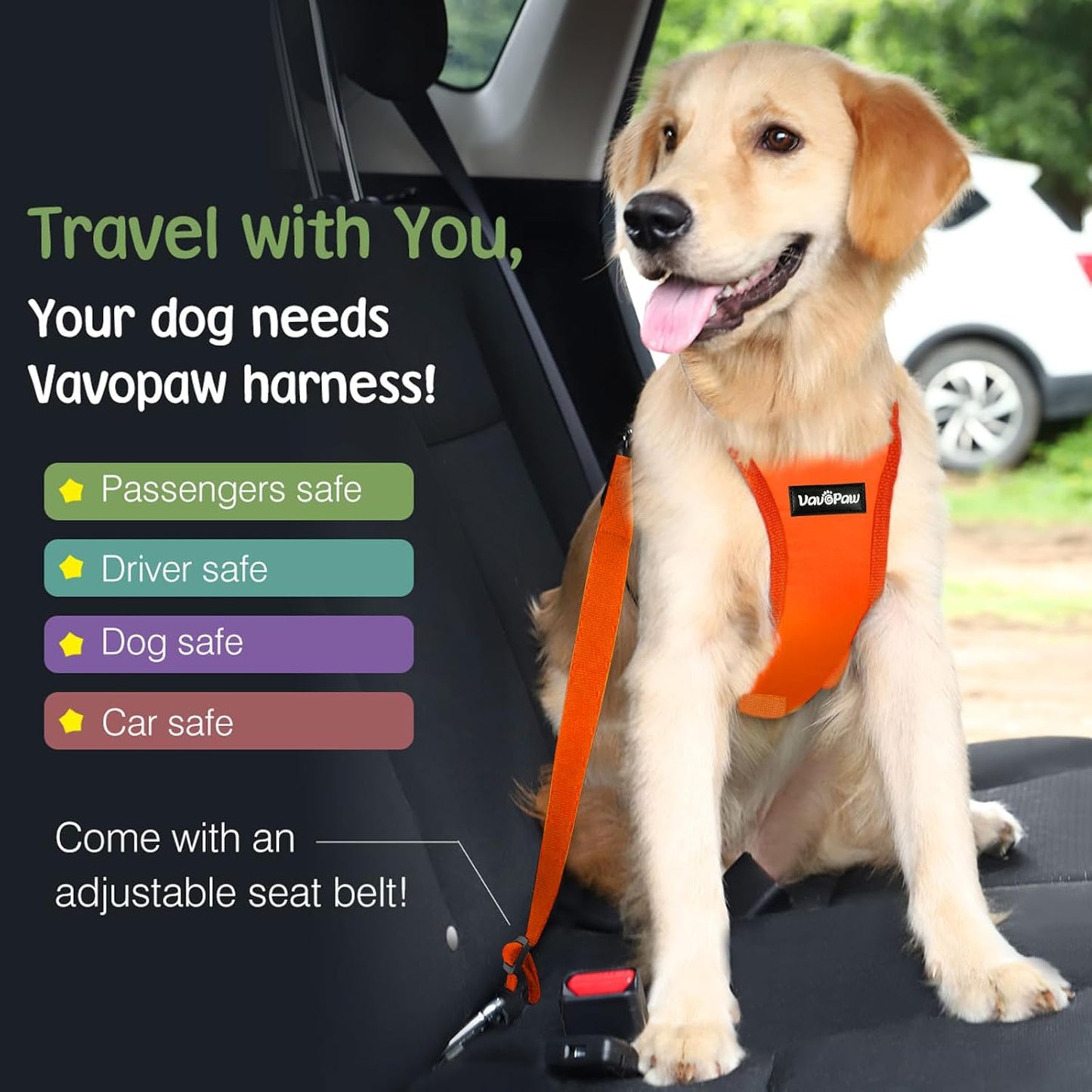 Dog Seat Belt, Safety Vest Dog Car Harness with Adjustable Buckle Dog Seat Belt for Vehicle Nylon Pet Safety Seat Belts Heavy Duty(M, Orange) - Pet Explorer