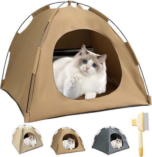 BreezyDen Pop-Up Pet Tent – Portable Hideaway for Cats & Small Dogs, Portable Indoor/Outdoor Pet Tent House with Mesh Window, Waterproof, Breathable, Scratch-Resistant, Fully Washable (Brown,M) - Pet Explorer