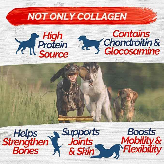 Natural Collagen Sticks for Dogs 12 Pack - 12 Inches Long-Lasting Alternative to Bully Sticks, Rawhide-Free Collagen Chews w/Chondroitin & Glucosamine for Joint Support & Dental Health