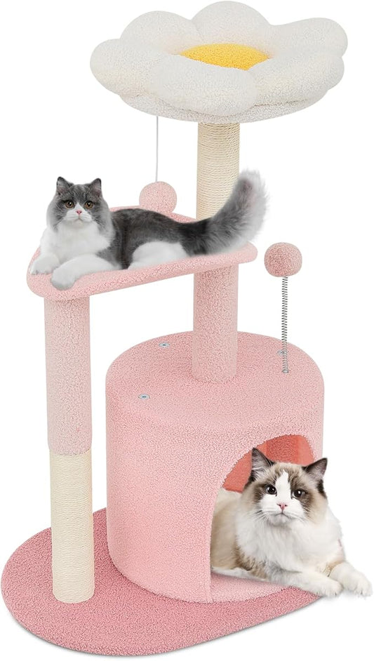 Magshion Flower Cat Tree for Indoor Cats, 33" Cute Cat Tower with Scratching Post, Condo, Top Flower Perch and Dangling Balls, Compact Cat Stand for Kittens, Pink