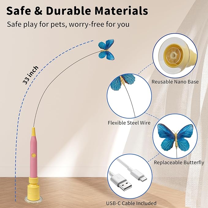 Interactive Cat Toys for Indoor Cats, Automatic Cat Wand Toy Enrichment for Bored Kitten, Spin Butterfly with Self-Holding Suction Base, Rechargeable Electric Moving Feather Stimulating Toy