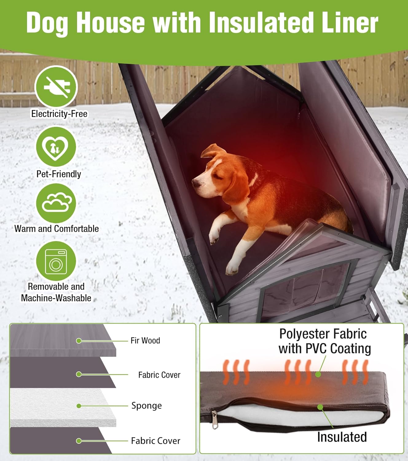 GUTINNEEN Insulated Dog House Outdoor, Waterproof Dog Kennel with Anti-Bite Design, Asphalt Roof, Elevated Base, PVC Curtain, for Small to Medium Dogs - Grey - Pet Explorer