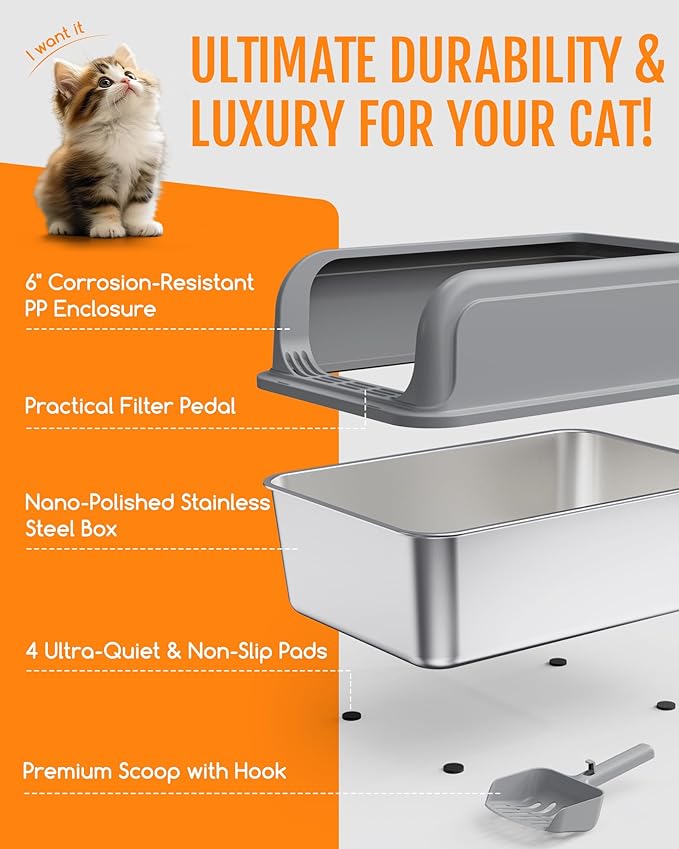Stainless Steel Cat Litter Box, Metal Litter Box with Scoop, High- Sided, Anti-Leakage Top Entry, Non-Sticky, Easy to Clean, Grey, XL (1 Pack)