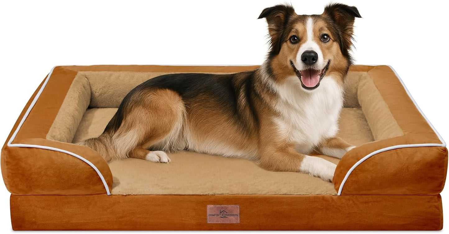 Comfort Expression Large Dog Beds Waterproof Orthopedic Foam Dog Sofa Beds Comfy Pet Bed with Washable Removable Cover & Non-Slip Bottom(Large,Caramel) - Pet Explorer