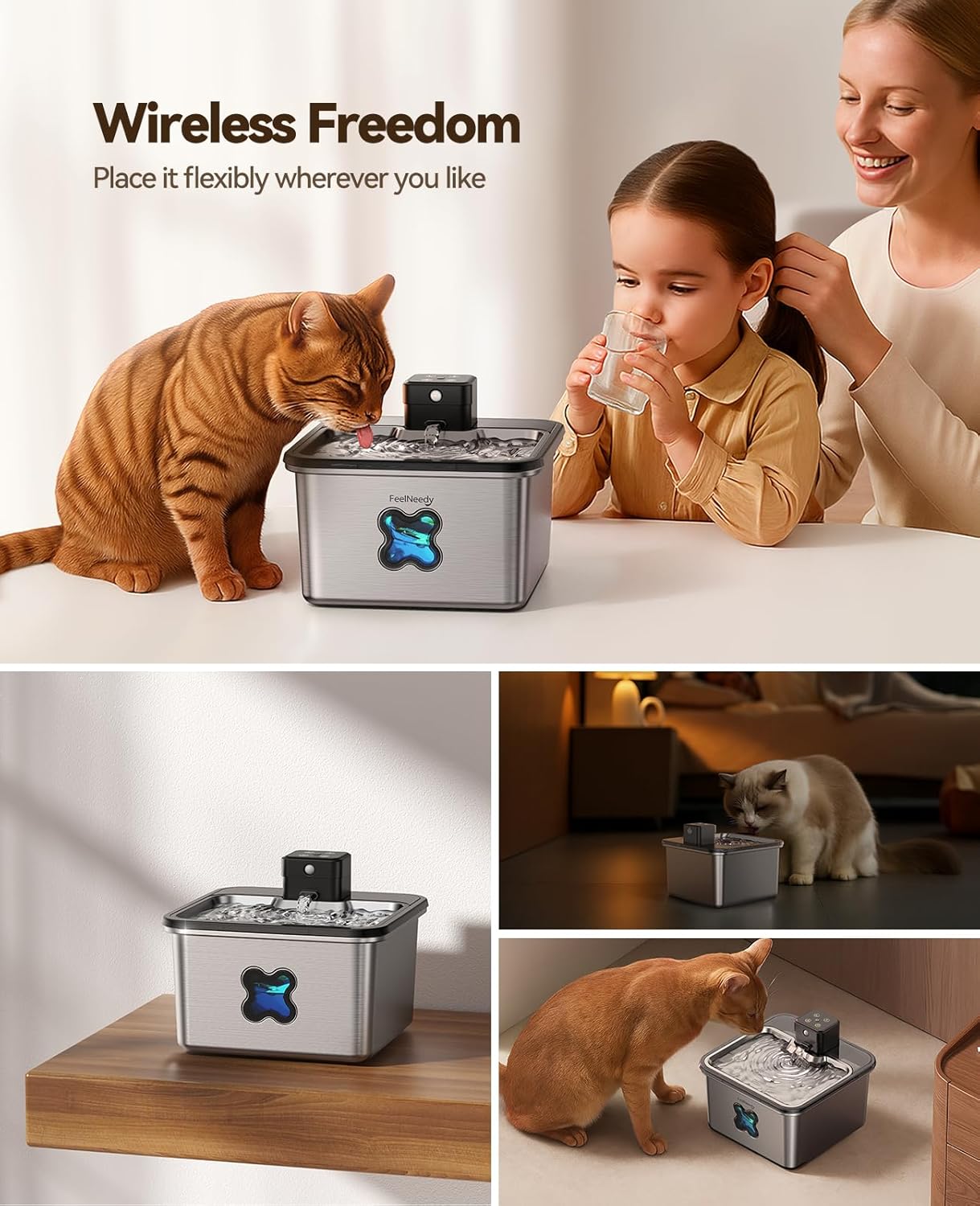 Cat Water Fountain Stainless Steel, FEELNEEDY Visual Filter Automatic Pet Water Fountain for Cats & Dogs Dispenser, Cordless Battery Operated Water Fountain for Cats Indoor - 3.2L/108oz - Pet Explorer
