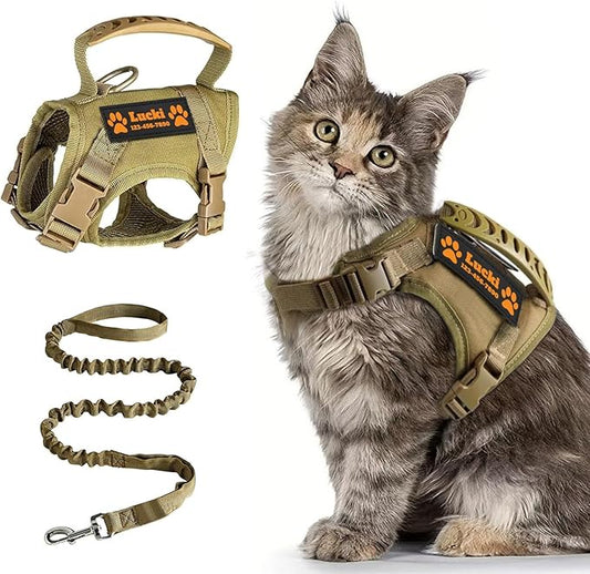 Tactical Cat Harness, Escape Proof Cat Harness with Customizable Patches, Adjustable Military Style Design, Optional Leash (Khaki)