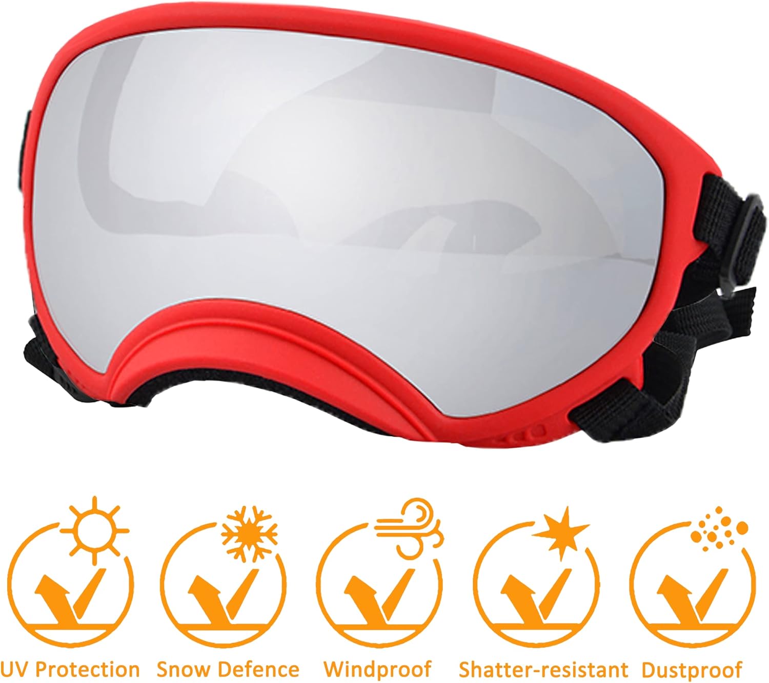 Large Dog Sunglasses with Adjustable Strap UV Protection, Winproof Puppy Sunglasses, Suitable for Medium-Large Pet Glasses, Dogs Eyes Soft Goggles, Red Silver - Pet Explorer