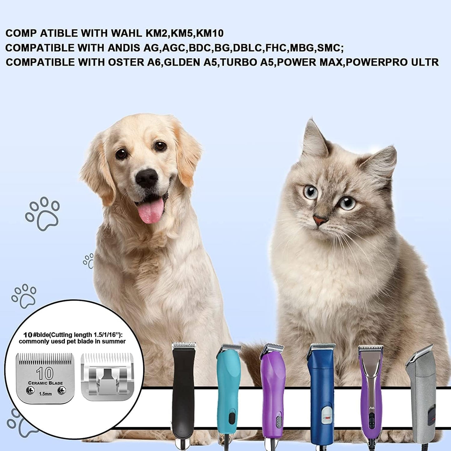 7Pack 10 Blades Dog Grooming Replacement Blades Compatible with Andis Pet Clipper/Oster A5/Wahl KM Series Dog Clipper,Ceramic Blade & Stainless Steel Blade (#10+30+40+3FC+4FC+5FC+7FC) - Pet Explorer