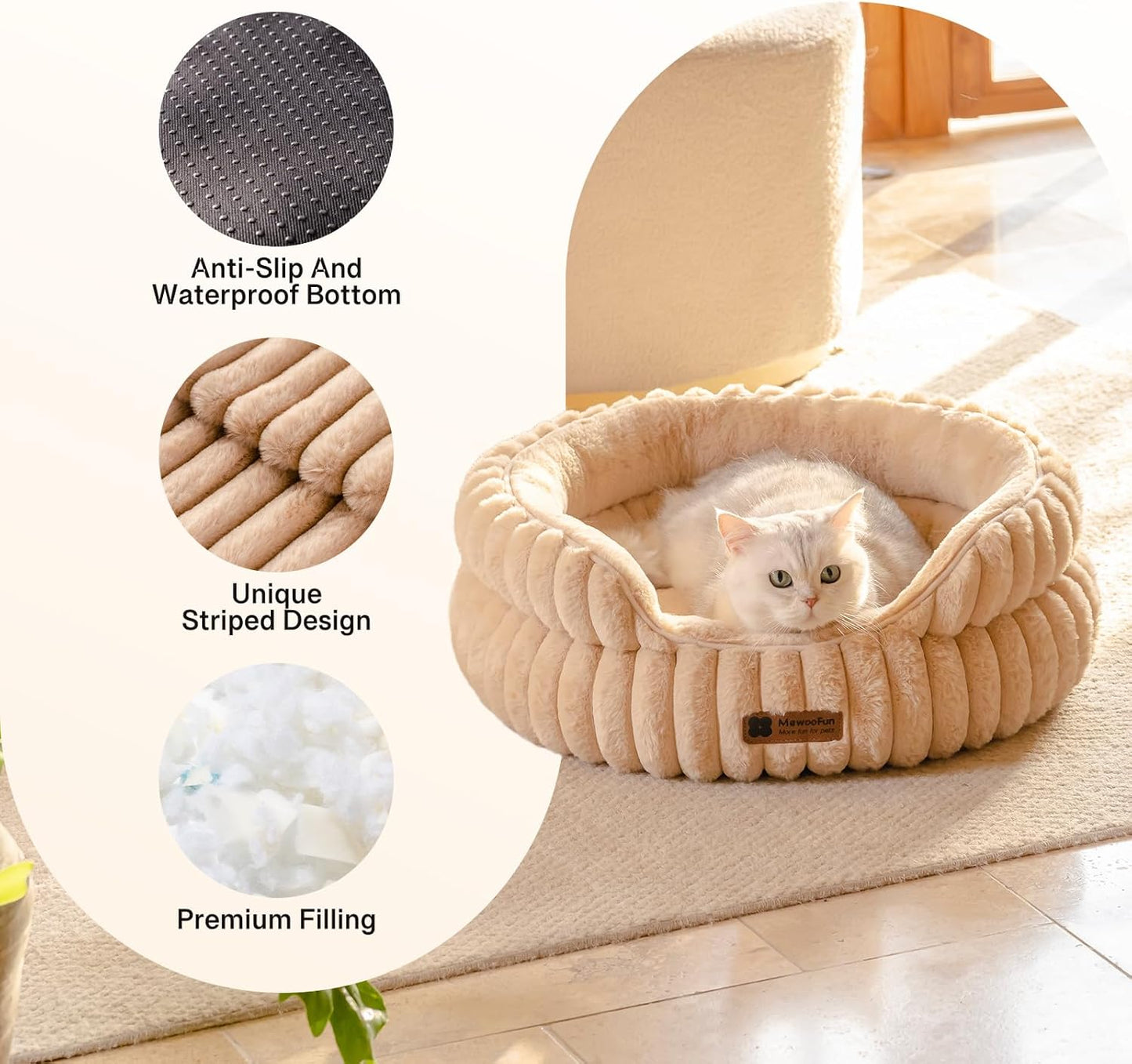 MEWOOFUN Washable Small Dog Bed, Cat Beds for Indoor Cats with Anti-Slip Bottom, Round Pet Bed for Puppy and Kitten (Camel, 24"x24"x9") - Pet Explorer