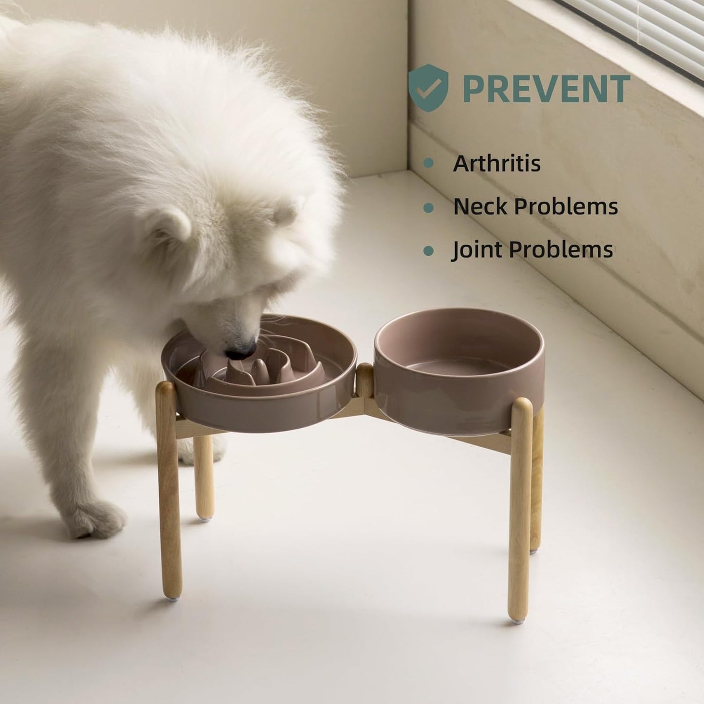 Ceramic Raised Slow Feeder Dog Bowl Set, Elevated 8.2inch Bowl and 9.5inch Puzzle Slow Food Dish with Wooden Stand for Large Dog, Anti-Gulping (2X Brown Coffee+ Stand) - Pet Explorer