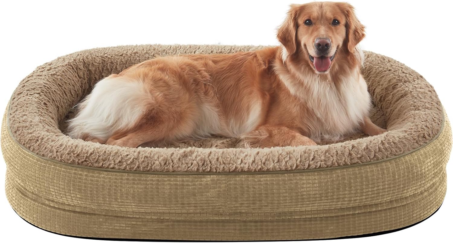JOEJOY Orthopedic Dog Bed for Extra Large Dogs, Egg-Crate Memory Foam Pet Bed with Bolster Sides, Waterproof Lining, Removable Washable Cover & Non-Slip Bottom, Light Brown - Pet Explorer