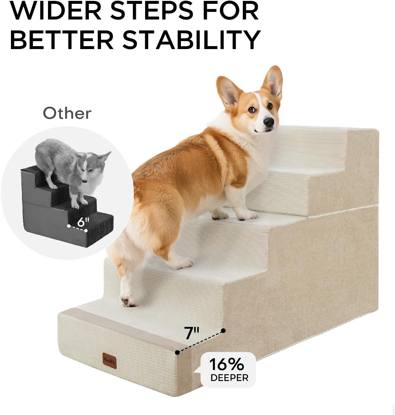 Made4Pets Dog Stairs for High Bed, Extra Wide Pet Stairs for Bed Couch Sofa, 35D Foam Pet Steps for Small Dogs and Cats, Non-Slip Bottom Dog Steps, Beige, 5 Steps - Pet Explorer
