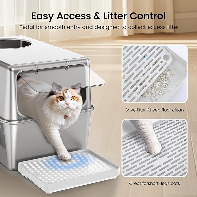 Stainless Steel Litter Box with Metal Lid and Scoop - Enclosed Metal Litter Box for Large Cats, Rust-Resistant, Odor-Control, Easy to Clean, Dog-Proof with Round Edge (Front Entry)